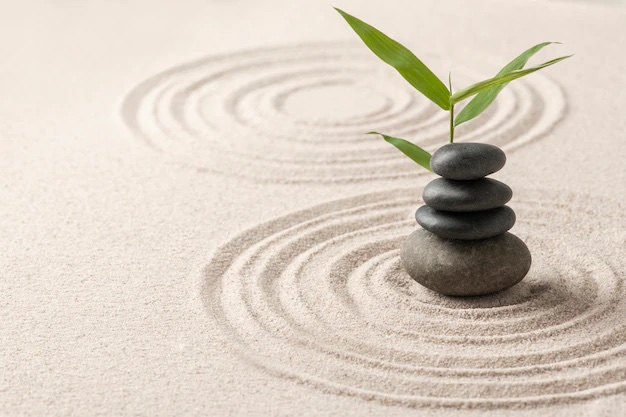 naturopatia e la filosofia Zen immagine sasso allineato una sopra l'altro con cerchi conentri creati dalla sabbia 
